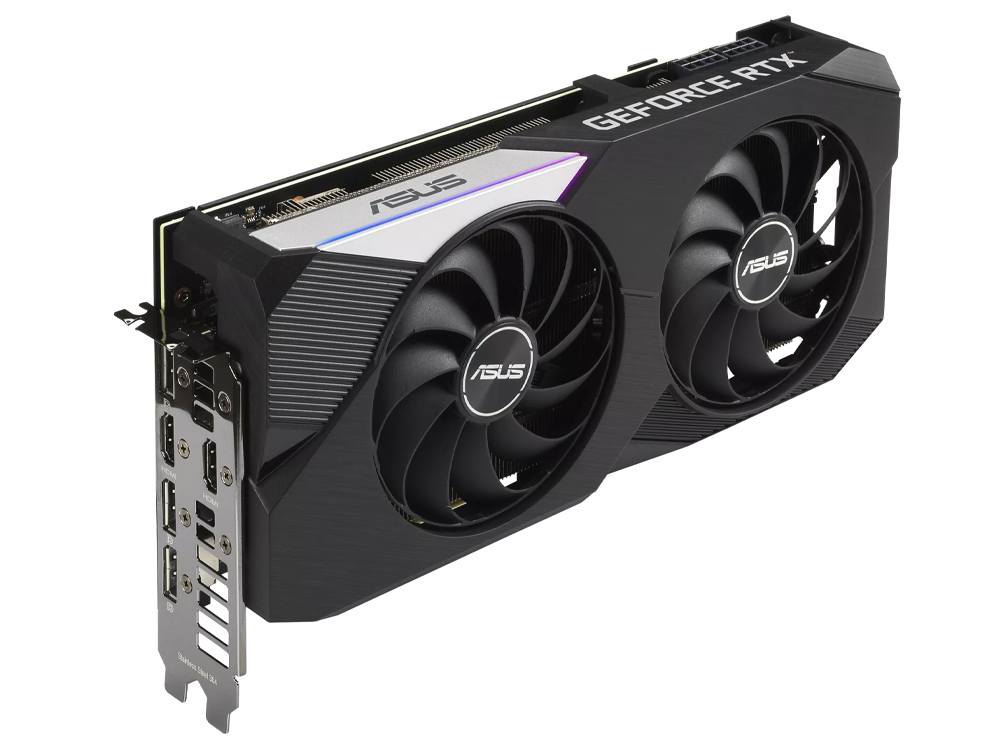 ASUS 8GB RTX 3070 LHR DUAL OC V2 Card On Side With I/O Panel In View